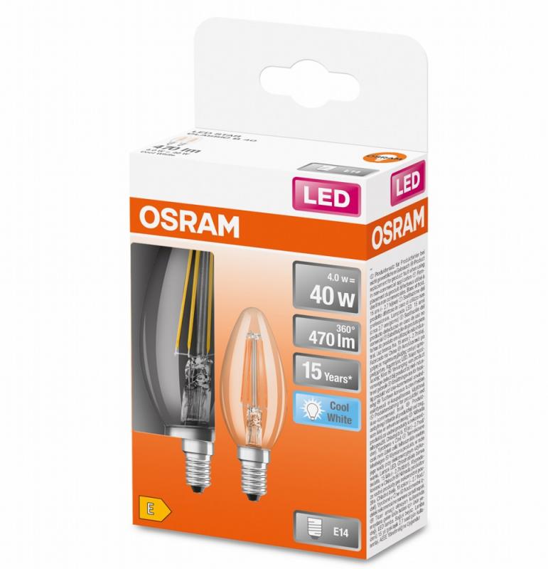 2er-Pack E14 OSRAM LED STAR FILAMENT Kerze Retrofit klar 4W wie 40W neutralweißes Licht