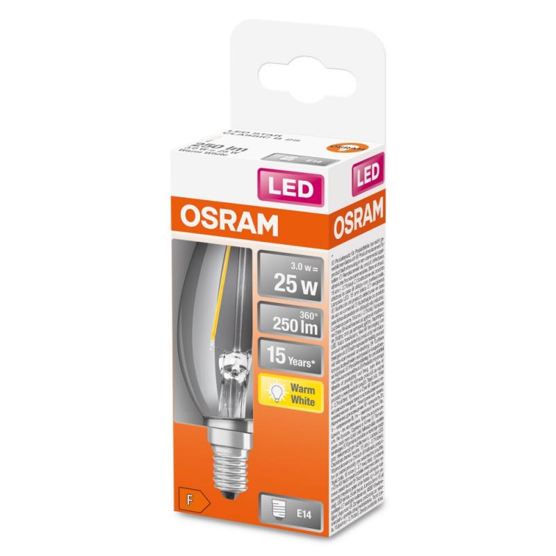 OSRAM klare E14 LED Kerzenlampe STAR FILAMENT 2,5W wie 25W warmweißes Licht