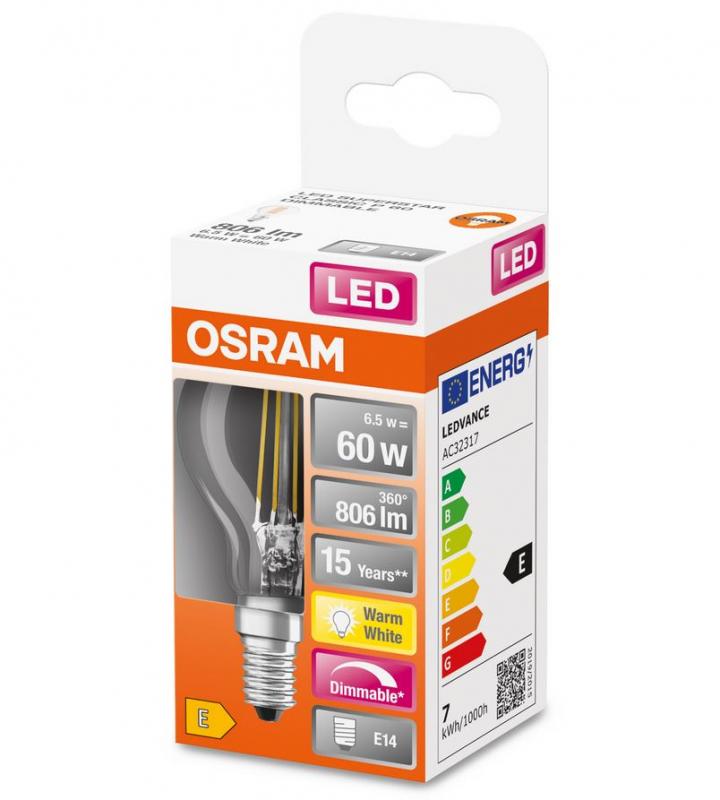 OSRAM E14 LED SUPERSTAR FILAMENT klar dimmbar 5,5W wie 60W warmweiße Wohnraumbeleuchtung