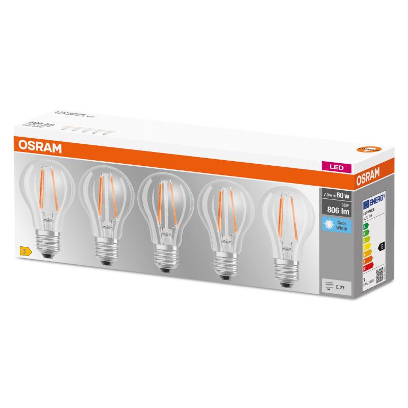 5er Pack OSRAM LED BASE E27 Filament Glühlampe klar 6,5W wie 60W neutralweiß