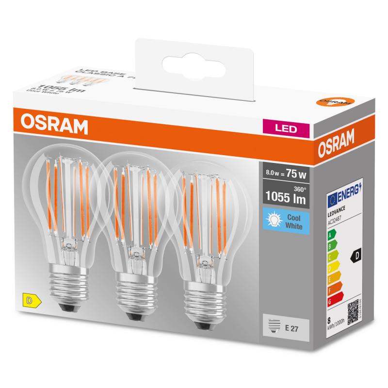 3er Pack OSRAM LED BASE Filament E27 Glühlampe 7,5W wie 75W neutralweiß klar