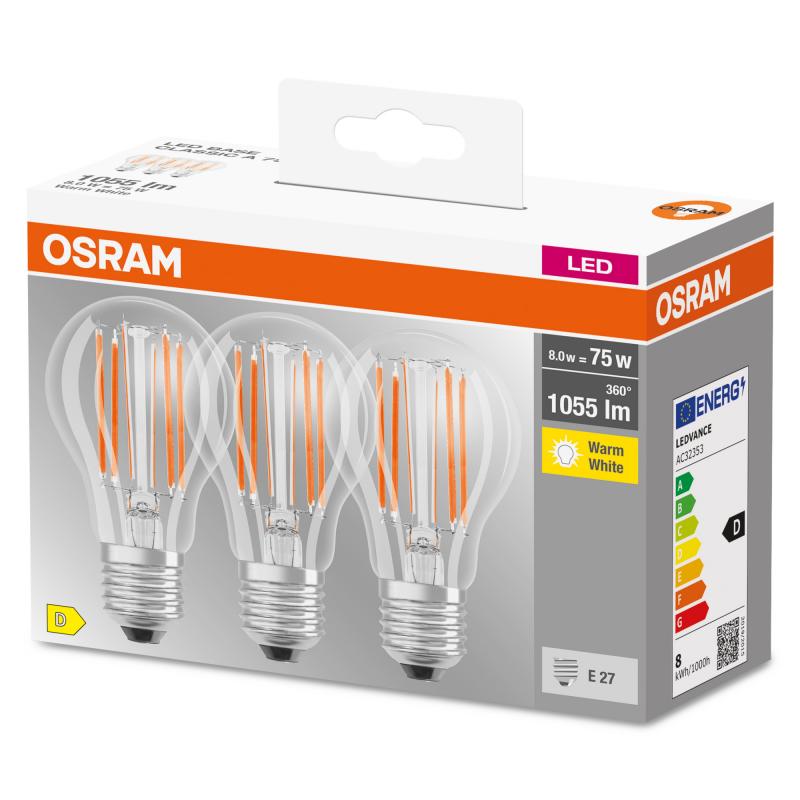 3er Pack OSRAM LED BASE Filament E27 Glühlampe 7,5W wie 75W warmweiß klar