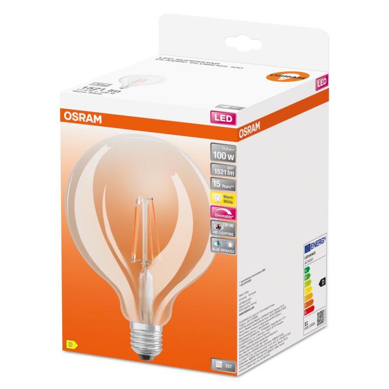 OSRAM Leistungsstarke E27 Globe 100 LED Glühbirne klar dimmbar 11W wie 100W warmweißes Licht 2700K