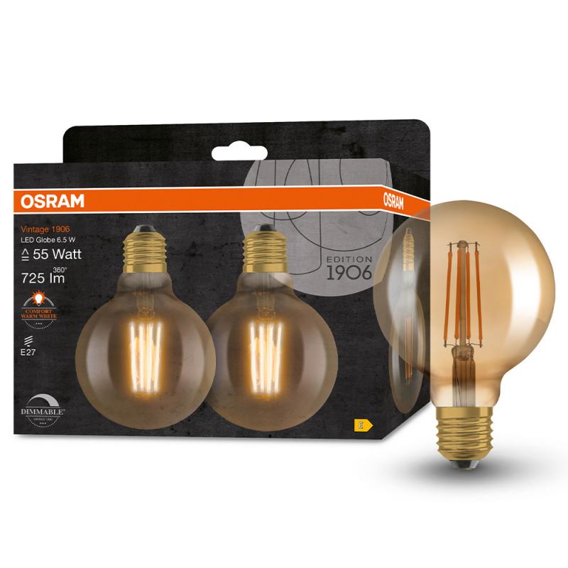 2er Pack OSRAM E27 LED VINTAGE Glühlampe in EDISON Globe 95 GOLD dimmbar 6,5W wie 55W extra warmweißes gemütliches Licht