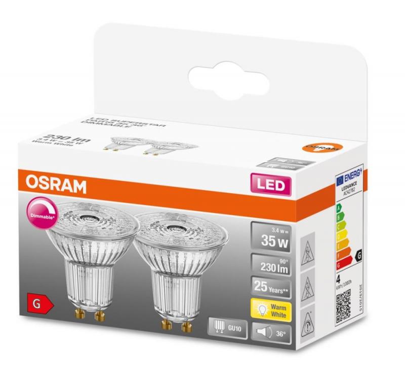 2er Pack OSRAM GU10 PAR16 LED Reflektor dimmbar 36° 3,4W wie 35W 2700K warmweißes Licht mit hoher Farbwiedergabe