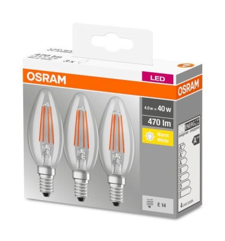 3er-PACK OSRAM BASE Classic E14 LED-Leuchtmittel FILAMENT KLAR 4W=40W warmweisses Licht