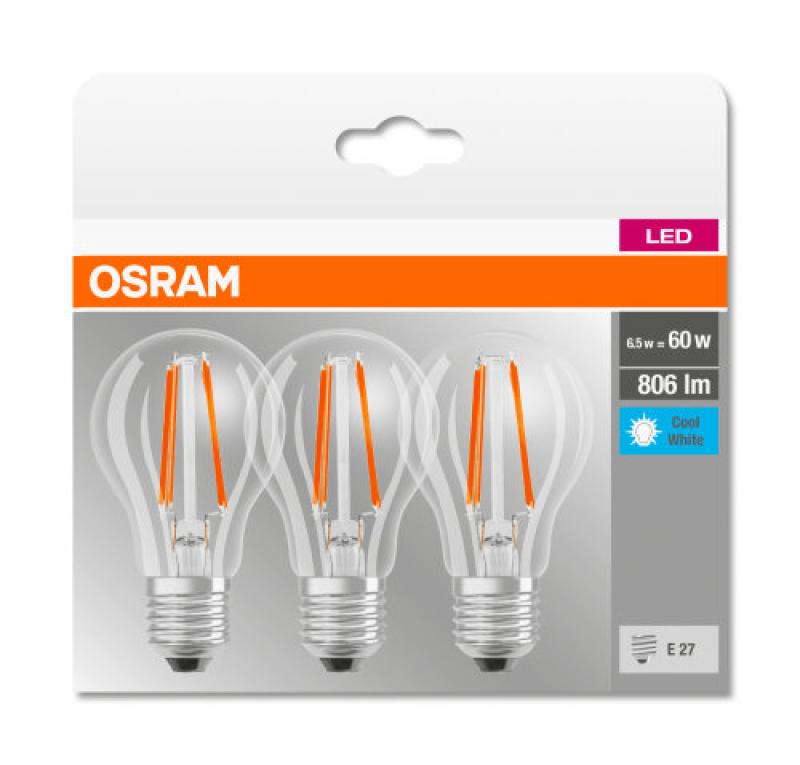 3er Pack Osram LED BASE E27 Filament Leuchtmittel 6,5W wie 60W neutralweisses Licht 4000K