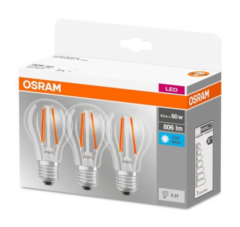 3er Pack Osram LED BASE E27 Filament Leuchtmittel 6,5W wie 60W neutralweisses Licht 4000K