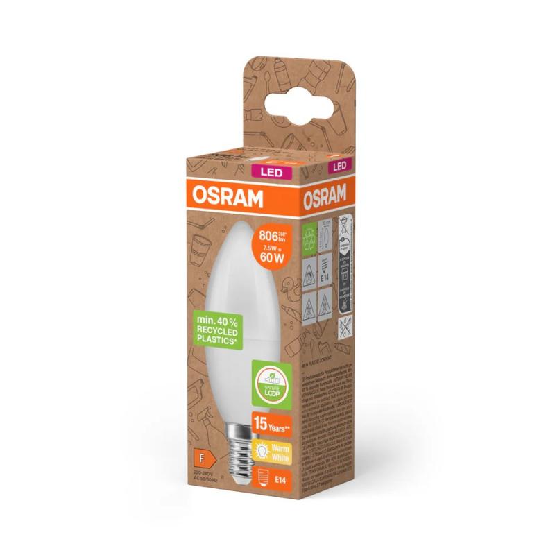 OSRAM E14 LED Leuchtmittel STAR Classic matt 7,5W wie 60W warmweißes Licht 2700K - Recycled Plastic