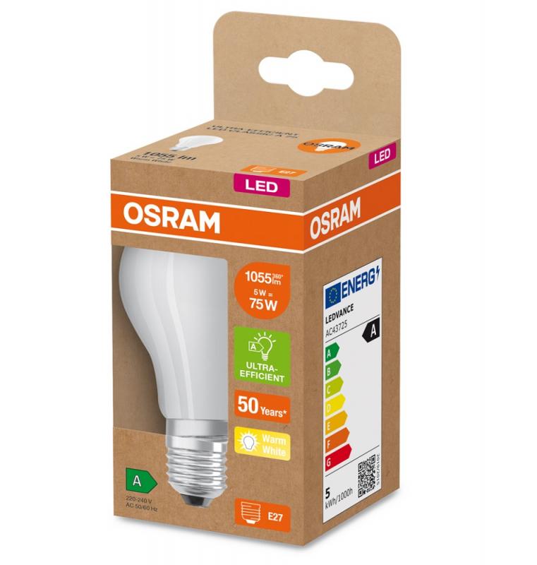 Nur noch angezeigter Bestand verfügbar:  OSRAM E27 LED Leuchtmittel leistungsstark & besonders effizient matt 5W wie 75W 3000K warmweißes Licht - beste Energie Effizienz Klasse