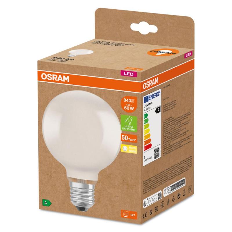 OSRAM E27 LED Lampe Globe 95 besonders effizient matt 4W wie 60W 3000K warmweißes Licht - beste Energie Effizienz Klasse