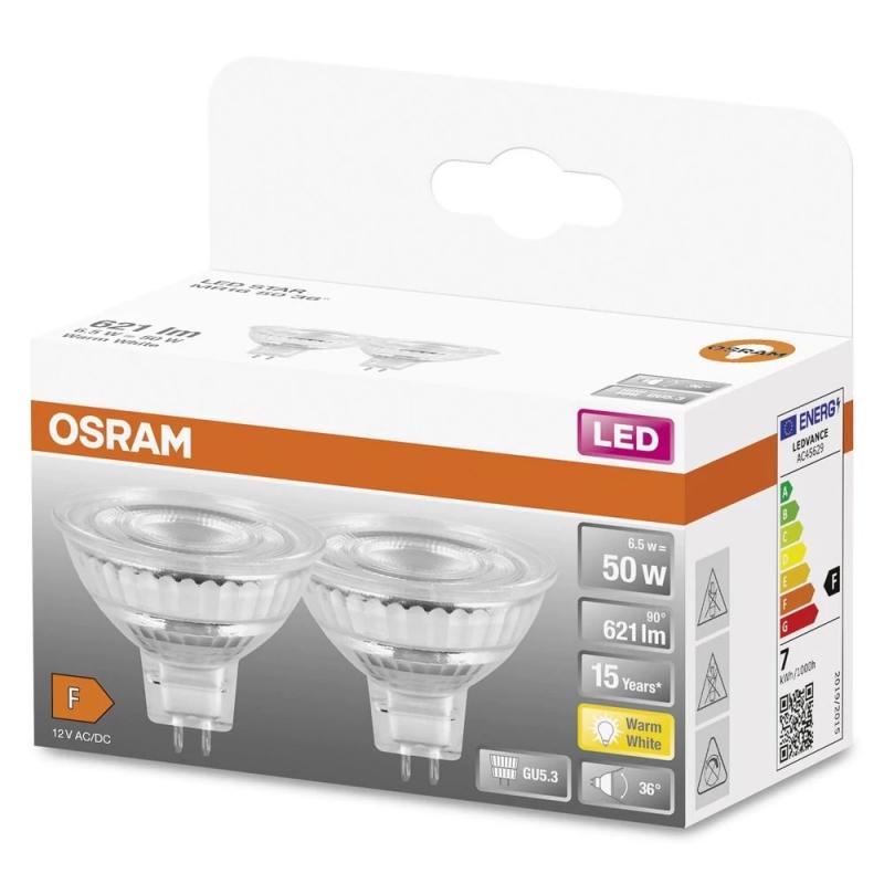 2er Pack OSRAM GU5.3 LED Star MR 16 Strahler 6,5W=50W 36°-Abstrahlwinkel 2700K warmweißes Licht 12V