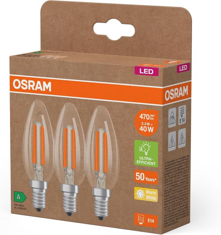 3er Set Osram E14 LED Kerzenlampe CLASSIC besonders effizient klar 2,2W wie 40W 2700K warmweißes Licht - Sehr gute Energieeffizienz