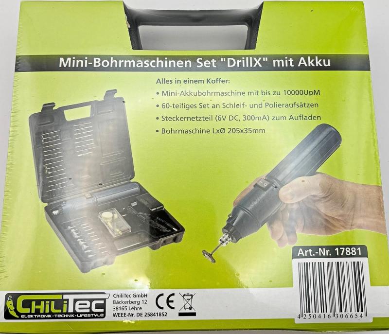 ChiliTec Mini-Bohrmaschinen Set "DrillX" mit Akku 60-teilig, 10.000upm mit Aufsätzen