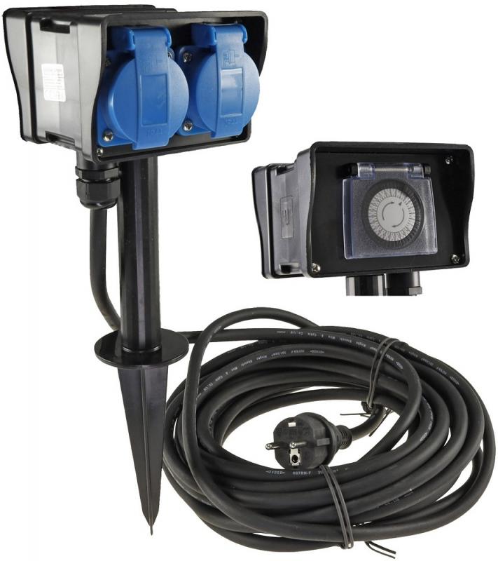 ChiliTec Gartensteckdose mit Erdspieß, 2-fach IP44, 2m Kabel, Zeitschaltuhr