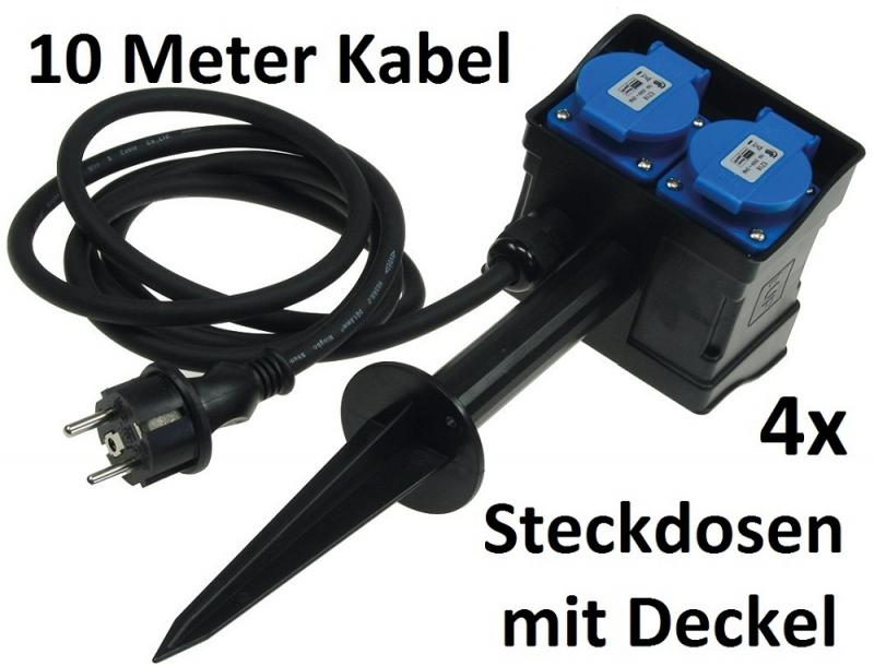 ChiliTec Gartensteckdose mit Erdspieß, 4-fach IP44, 10m Kabel
