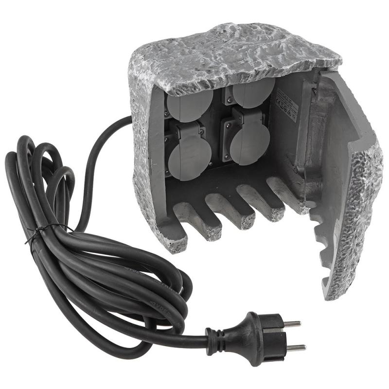 ChiliTec Gartensteckdose "Stone", 4-fach 250V/16A, IP44, inkl. 5m Zuleitung