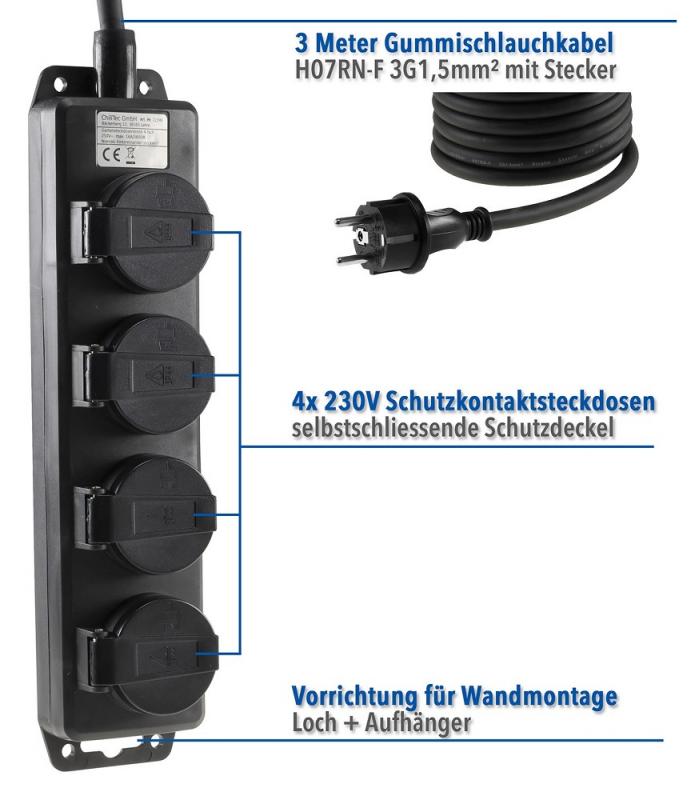 ChiliTec Gartensteckdosenleiste für Außen, 4-fach IP44, H07RN-F 3G1,5mm², Zuleitung 3m