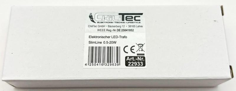 ChiliTec LED-Trafo "CT-SL20" SlimLine 0,5-20W Ein 180-264V, Aus 12V= Konstantspannung