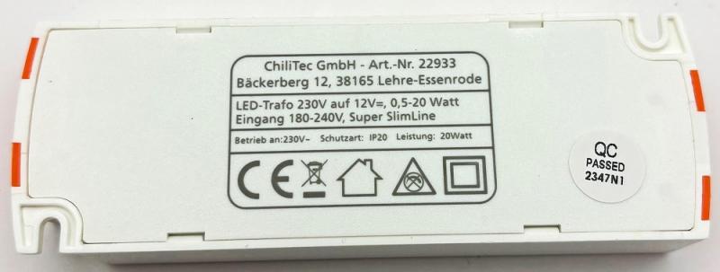 ChiliTec LED-Trafo "CT-SL20" SlimLine 0,5-20W Ein 180-264V, Aus 12V= Konstantspannung