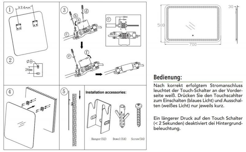ChiliTec LED Spiegel "Espelho Q70" 70x50cm 230V, 23W, 1750lm, 4000K, Touchschalter # Achtung! Separates Versandpaket #