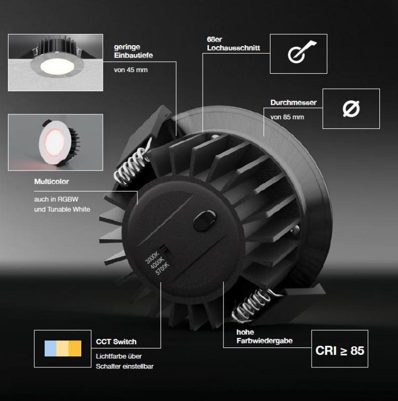 Aktion: Nur noch angezeigter Bestand verfügbar - Runder LED Deckeneinbaustrahler Chrom dimmbar mit veränderbarer Farbtemperatur IP54 Badezimmerstrahler 220-240V/AC 10W EVN