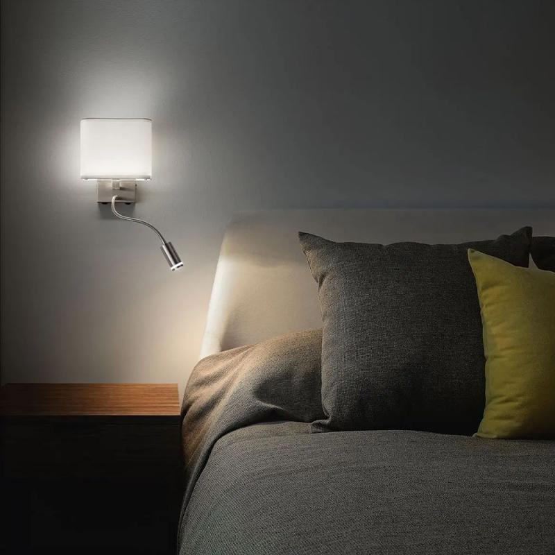 Vietri LED Wandleuchte & Nachttischlampe mit Flexarm in Nickel satiniert und Textilschirm von Fabas Luce