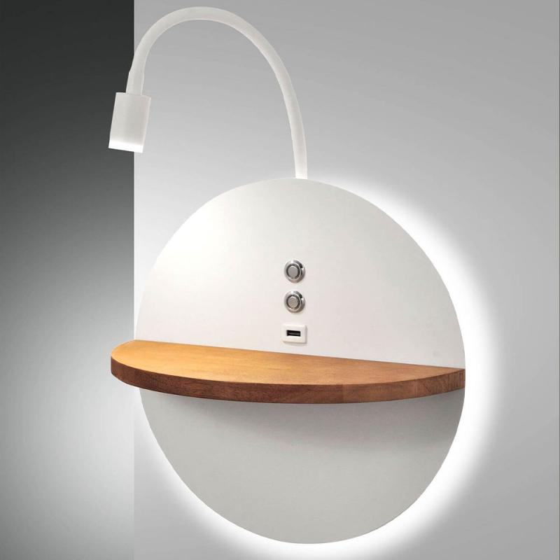 Dual LED Wand-Nachttischleuchte Weiß mit Holzablage, schwenkbarem Lichtarm, Backlight & USB von Fabas Luce