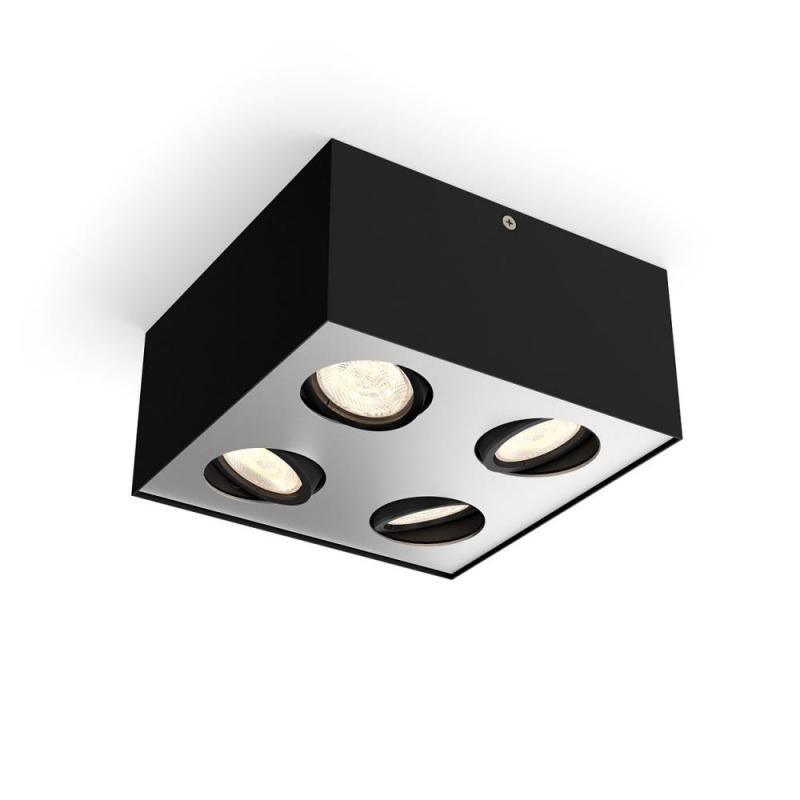 Aktion: Nur noch angezeigter Bestand verfügbar - 4-flammiger schwenkbarer Philips myLiving Box LED Deckenstrahler mit Warm Glow Funktion in Schwarz