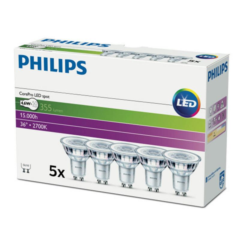 5er Vorteilspack Philips GU10 CorePro LED Spot 4,6W wie 50W 2700K warmweiß Glas