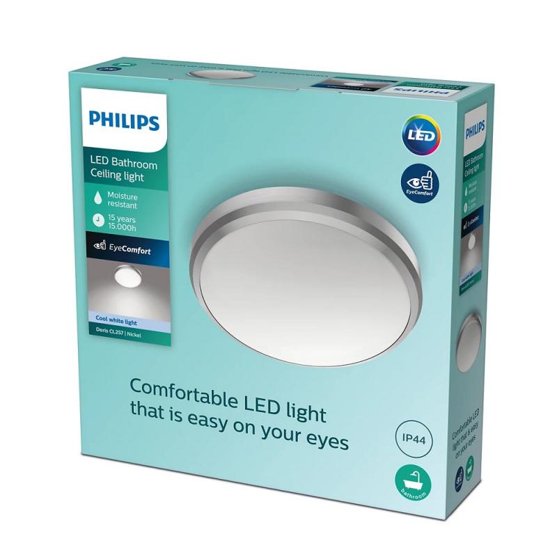 Philips LED Deckenleuchte Doris ø22cm nickel neutralweißes Licht 4000K mit Eye Comfort - auch für das Bad geeignet IP44