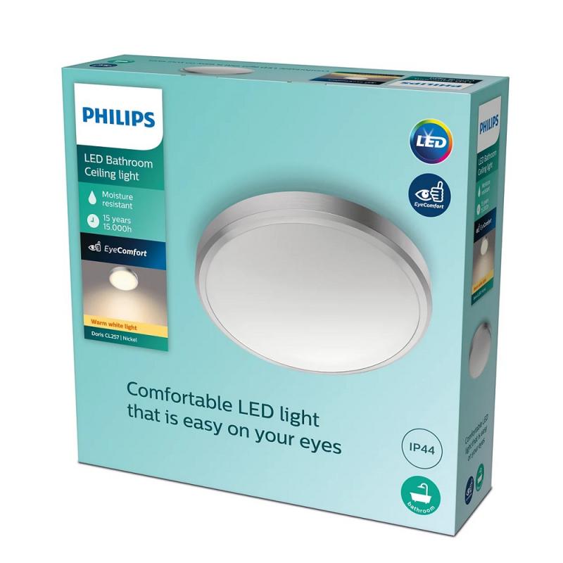 Philips LED Deckenleuchte Doris ø31cm Nickel warmweißes Licht 2700K mit Eye Comfort - auch für das Bad geeignet IP44