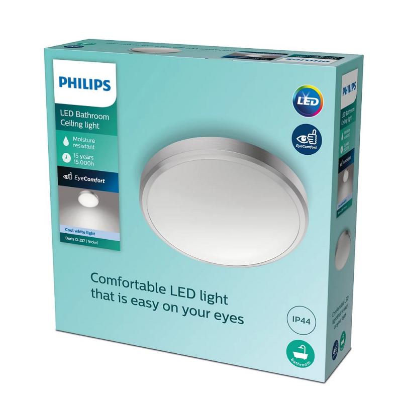 Philips LED Deckenleuchte Doris ø31cm Nickel neutralweißes Licht 4000K mit Eye Comfort - auch für das Bad geeignet IP44