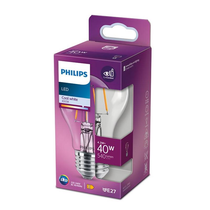 PHILIPS E27 LED Filament Lampe A60 4.3W wie 40W 4000K neutralweißes Licht - klassische klare Glühlampenform