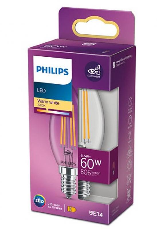 PHILIPS E14 LED Filament Leuchtmittel Kerzenform 6.5W wie 60W warmweiss klar