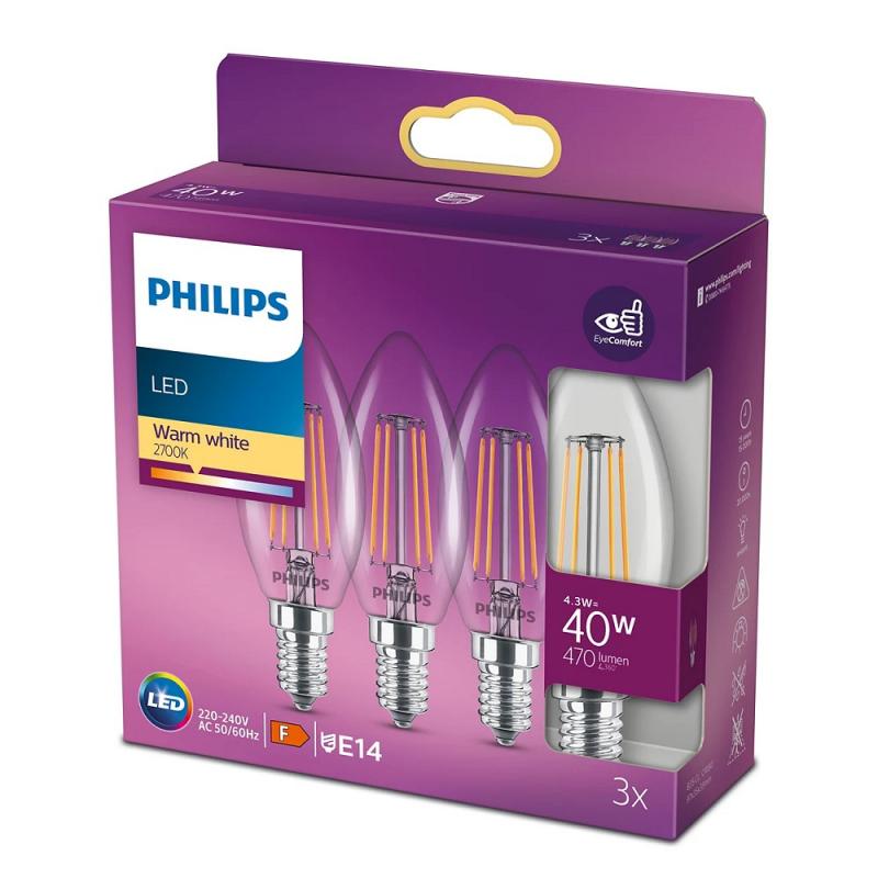 3-er-Pack E14 PHILIPS LED Filamentlampen in Kerzenform 4.3W wie 40W mit warmweissen Licht 2700K