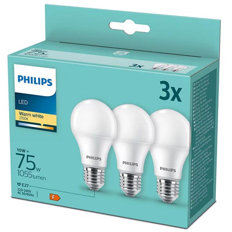 3er-Sparpack PHILIPS E27 LED Glühbirnenform opalweiss gefrostet 10W wie 75W warmweisses Licht 2700K