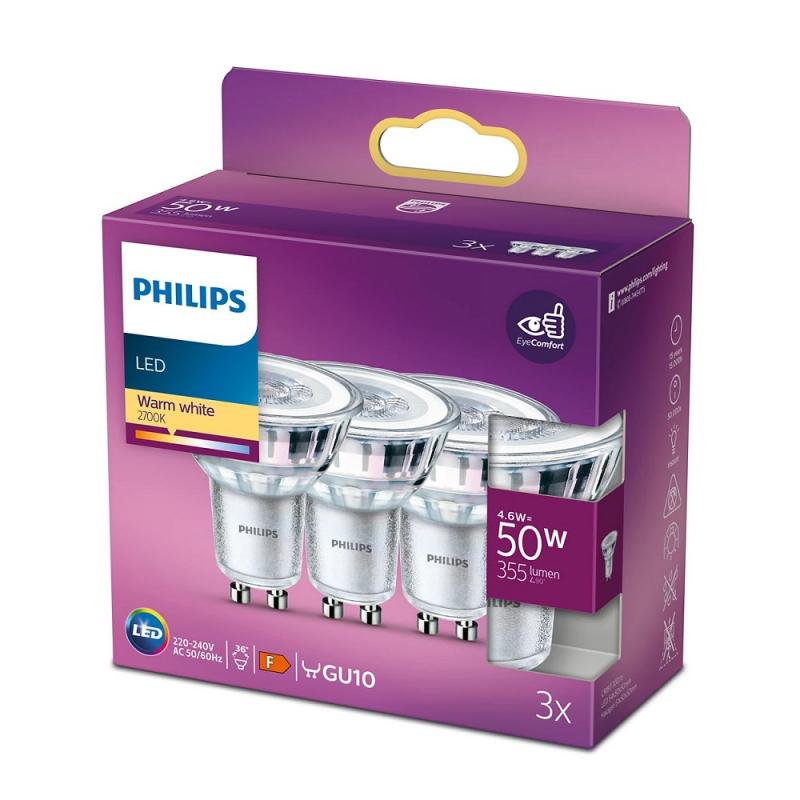 3er-Set PHILIPS GU10 LED Reflektor 4,6W wie 50W 36° Ausstrahlwinkel Warmweißes Licht