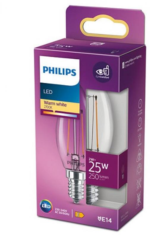 PHILIPS E14 LED Leuchtmittel in Kerzenform klar Filament 2W wie 25W warmweisses Licht