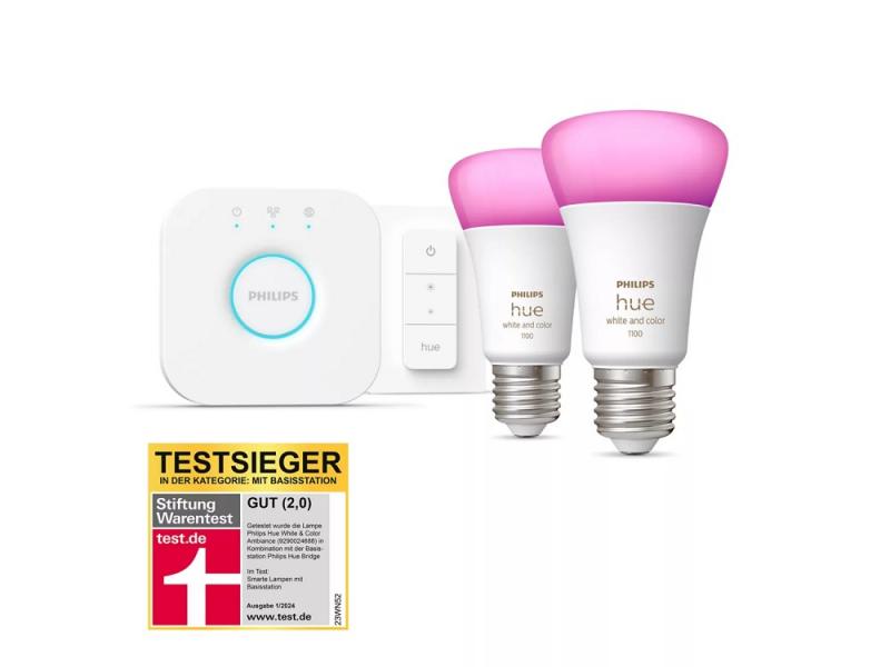 Starter Set Philips Hue E27 Lampe A60 Doppelpack + Dimmschalter + Hue Bridge RBGW