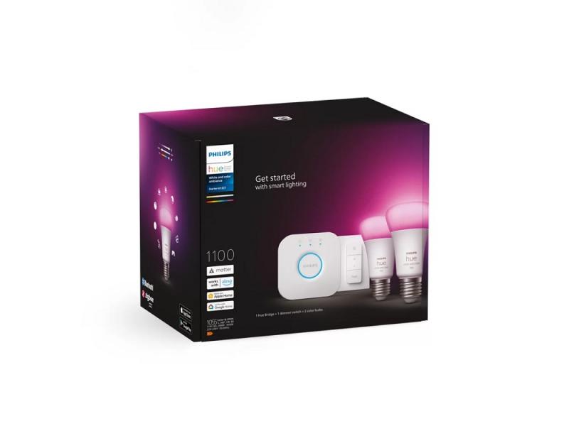 Starter Set Philips Hue E27 Lampe A60 Doppelpack + Dimmschalter + Hue Bridge RBGW