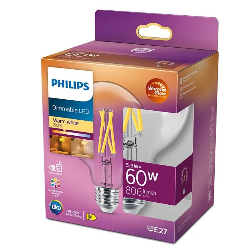 PHILIPS E27 LED Lampe Globe G93 5,9W wie 60W WarmGlow dimmbar 2700K-2200K warmweißes Licht CRI90 hohe Farbiwedergabe