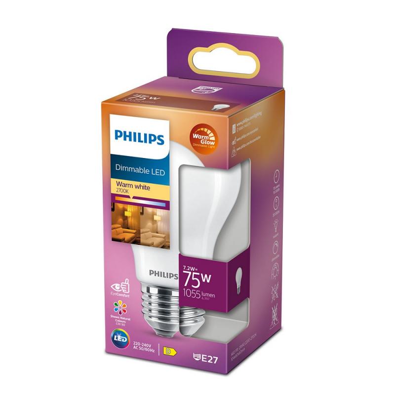 Starke mattierte PHILIPS E27 LED Lampe 7,2W wie 75W 2200-27000K warmes Warm Glow dimmbares Licht mit EyeComfort & hohe Farbwiedergabe