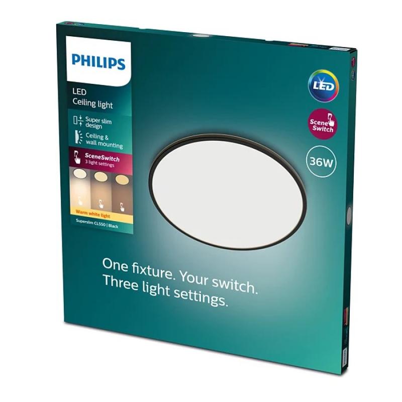 Schwarze Superslim Philips myLiving LED Deckenleuchte ø55cm warmweißes Licht mit Eye Comfort & Dimmen in Stufen