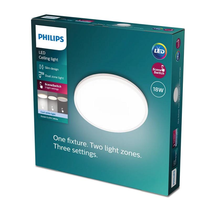 Flache Philips LED Deckenleuchte Ozziet weiß dimmbar ø30cm 4000K neutralweißes Licht mit zwei Zonen