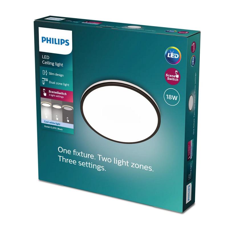 Flache Philips LED Deckenleuchte Ozziet schwarz dimmbar ø30cm 4000K neutralweißes Licht mit zwei Zonen