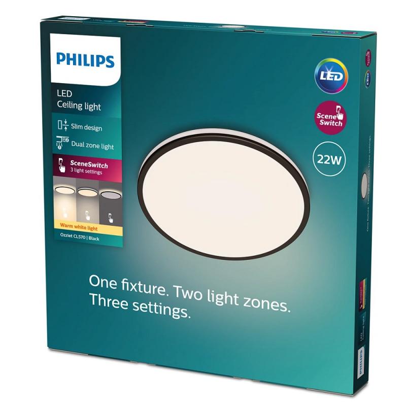 Flache Philips LED Deckenleuchte Ozziet schwarz dimmbar ø40cm 2700K warmweißes Licht mit zwei Zonen