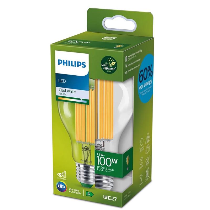 Besonders effiziente PHILIPS E27 LED Filament Lampe 7,3W = 100W universalweißes Licht 4000K