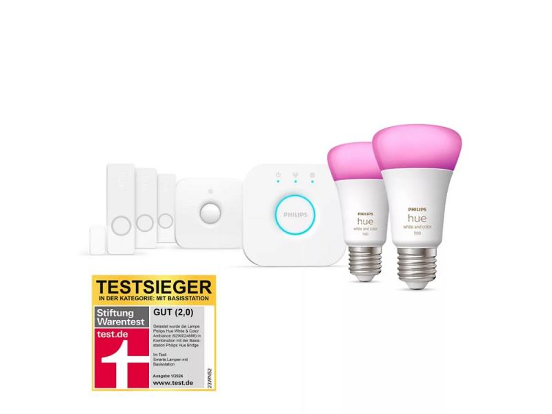 Philips Hue Starter Set mit 2 x E27 RGBW Lampen dimmbar 9W wie 60W & Bridge & Sensoren