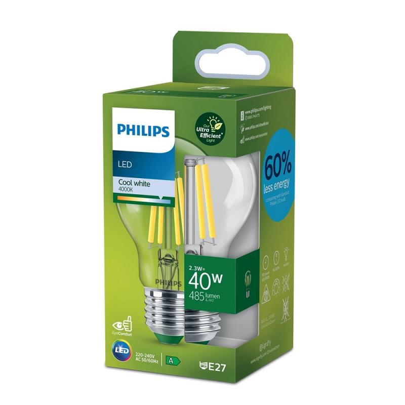 PHILIPS Classic E27 Ultra Efficientes LED Leuchtmittel 2,3W wie 40W neutralweißes Licht in trendiger Filamentoptik 4000K